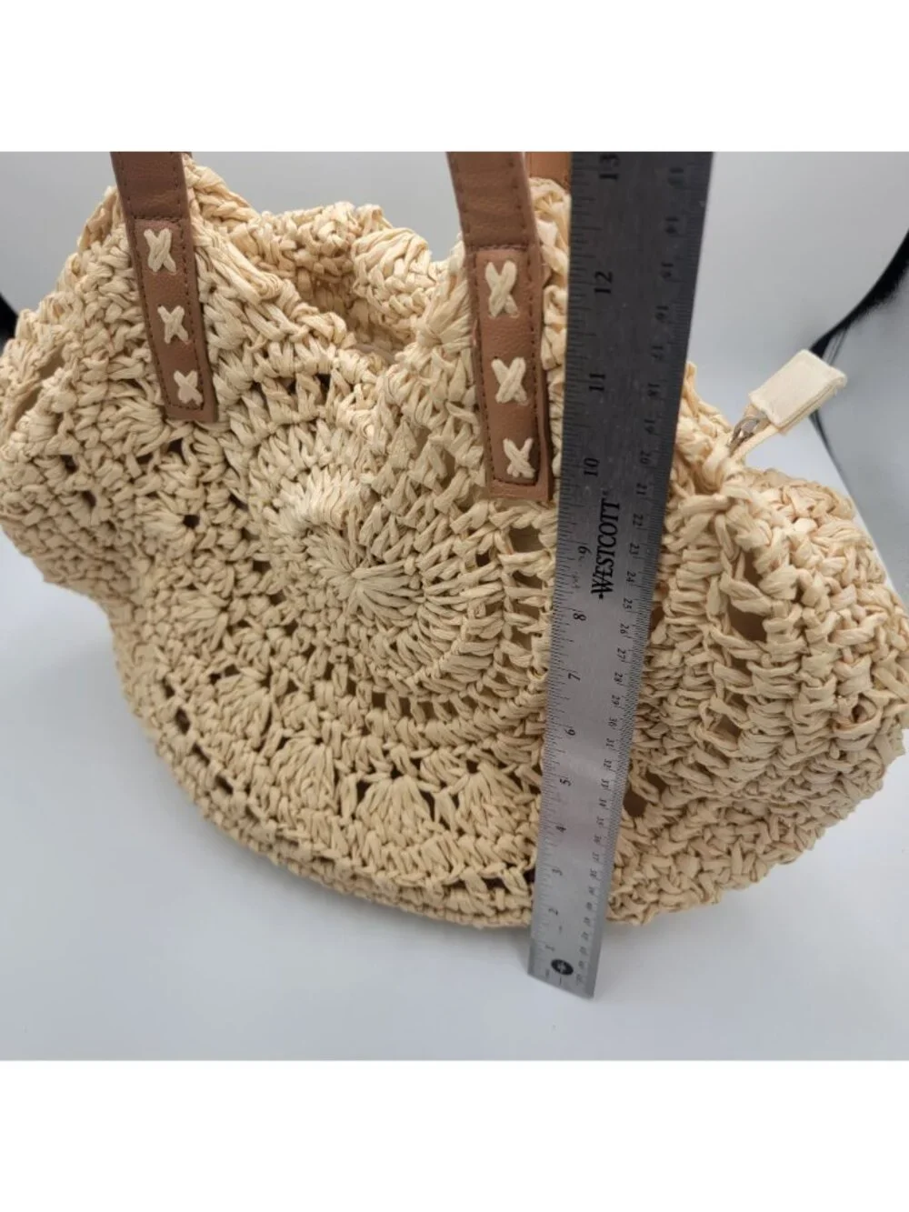 Boho Woven Straw Tote Bag With Faux Leather Straps And Zippered - Picture 11 of 13